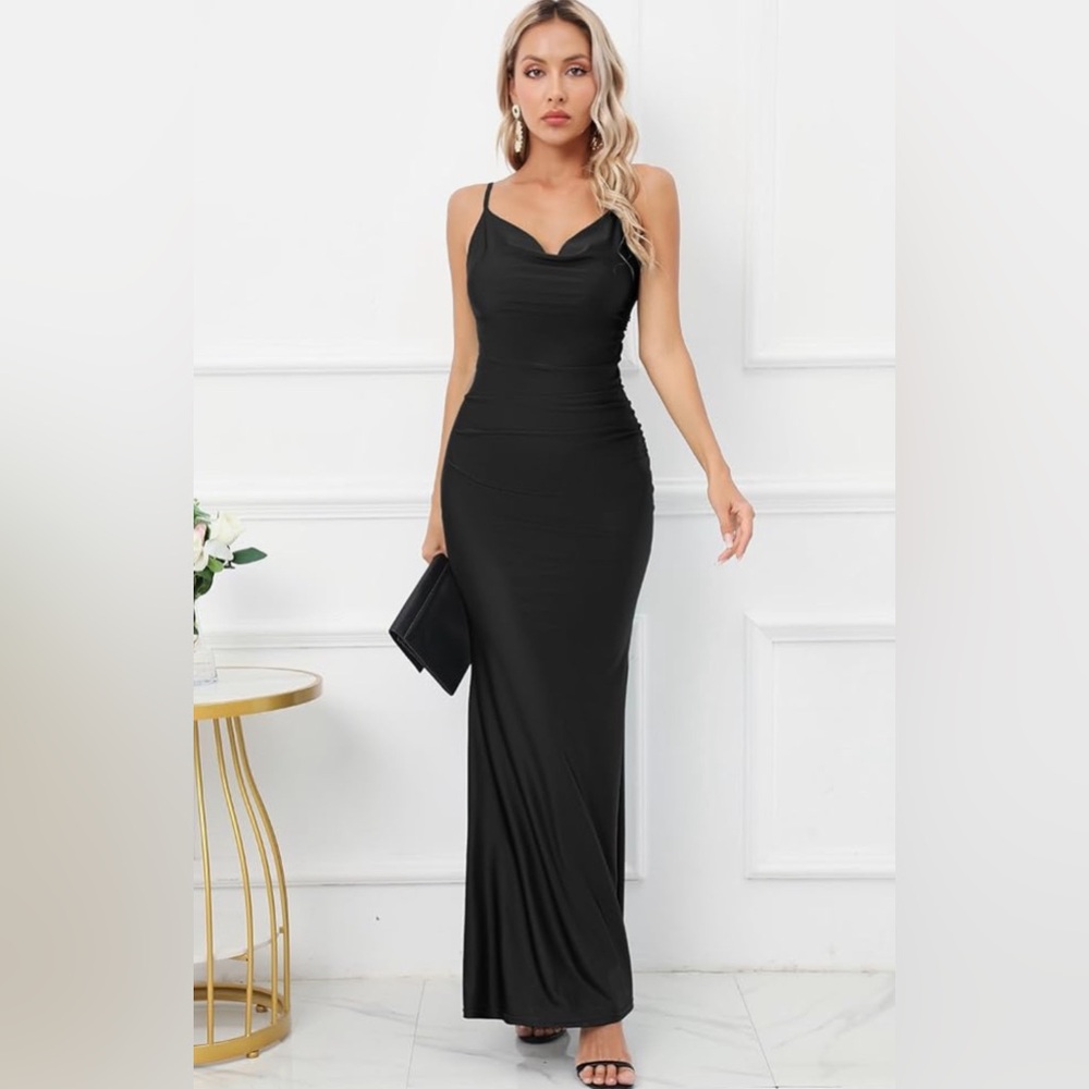 NWT, Capuffy Women Drape Neck Formal Maxi Dresses Lace Backless